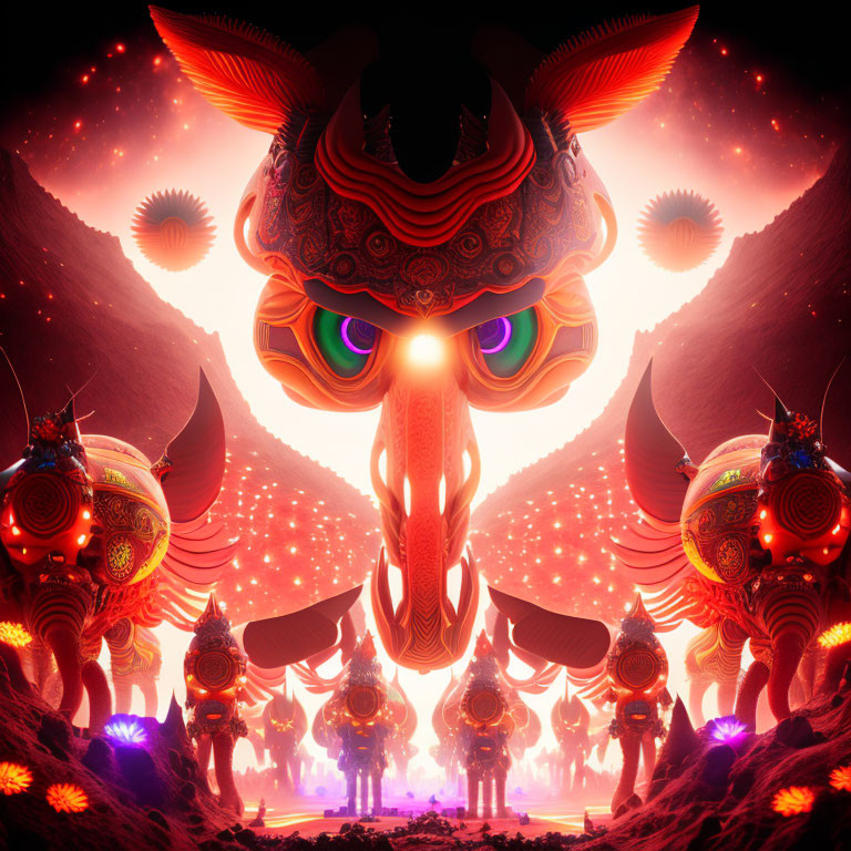 Symmetrical digital artwork: Dragon's head, glowing eyes, armored figures in red landscape