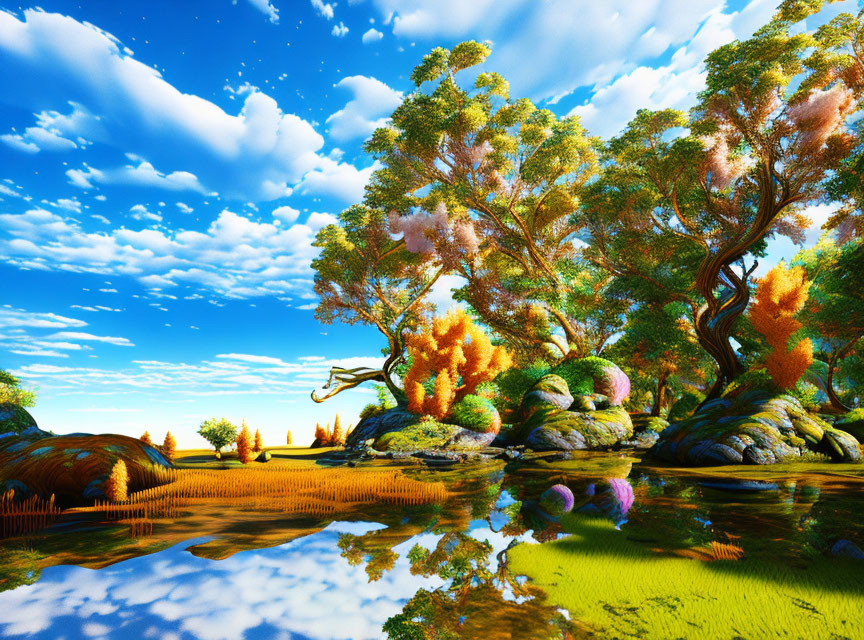 Colorful surreal landscape with lush trees and reflective water