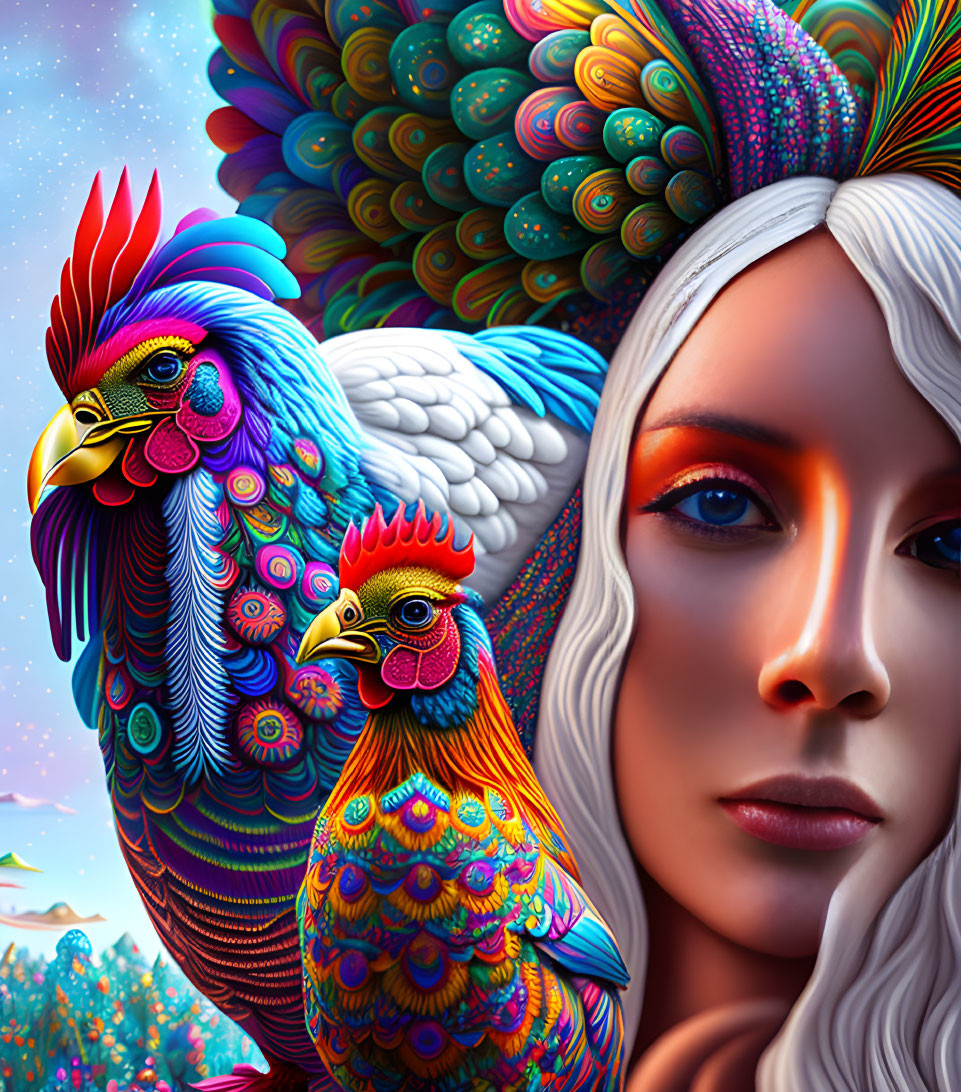 Colorful illustration: Woman with white hair, roosters in nature.