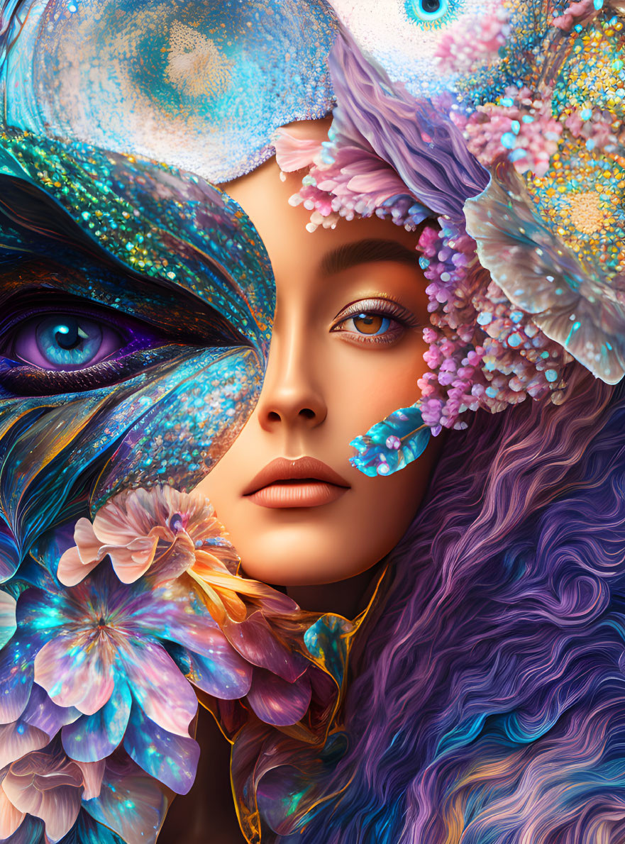 Colorful digital artwork: Woman's face with peacock feather, flowers, and celestial elements