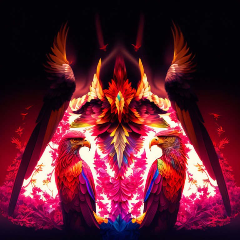 Colorful digital artwork: Mirroring majestic eagle in mystical forest