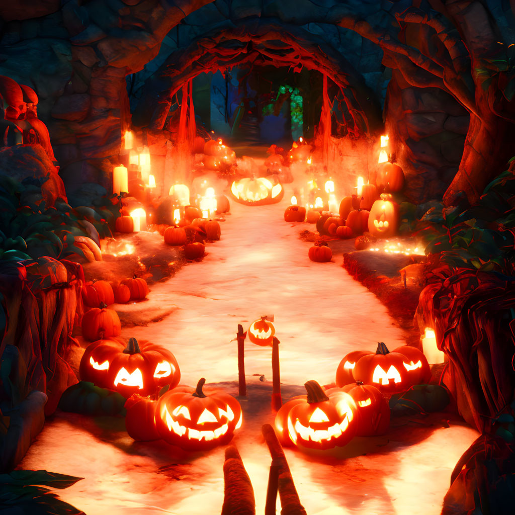 Jack-o'-lanterns in dark cave with candlelight