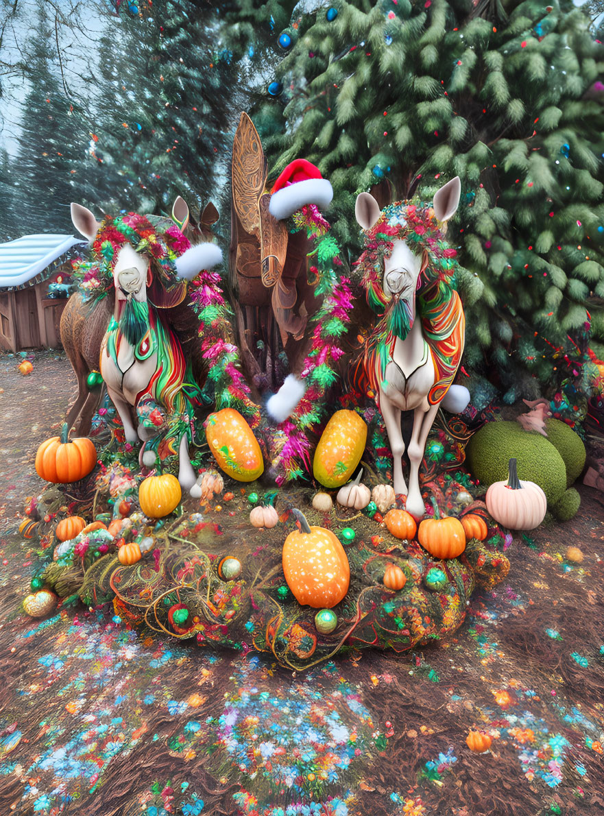 Whimsical Christmas unicorn statues in festive setting