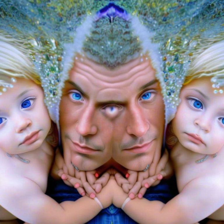 Symmetrical Artwork Featuring Male Face and Mirrored Child Images