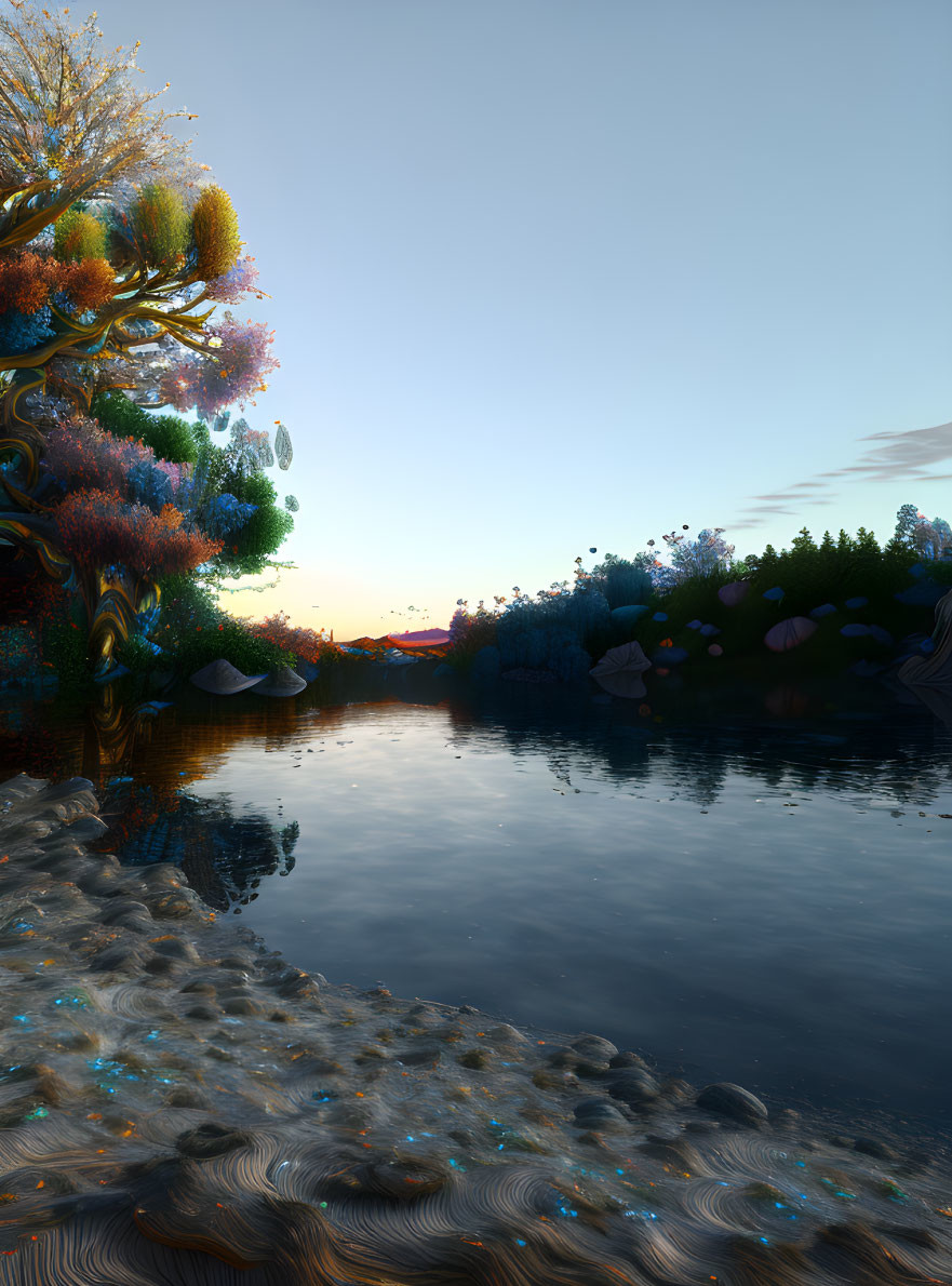 Vibrant forest reflected in serene lakeside at sunset