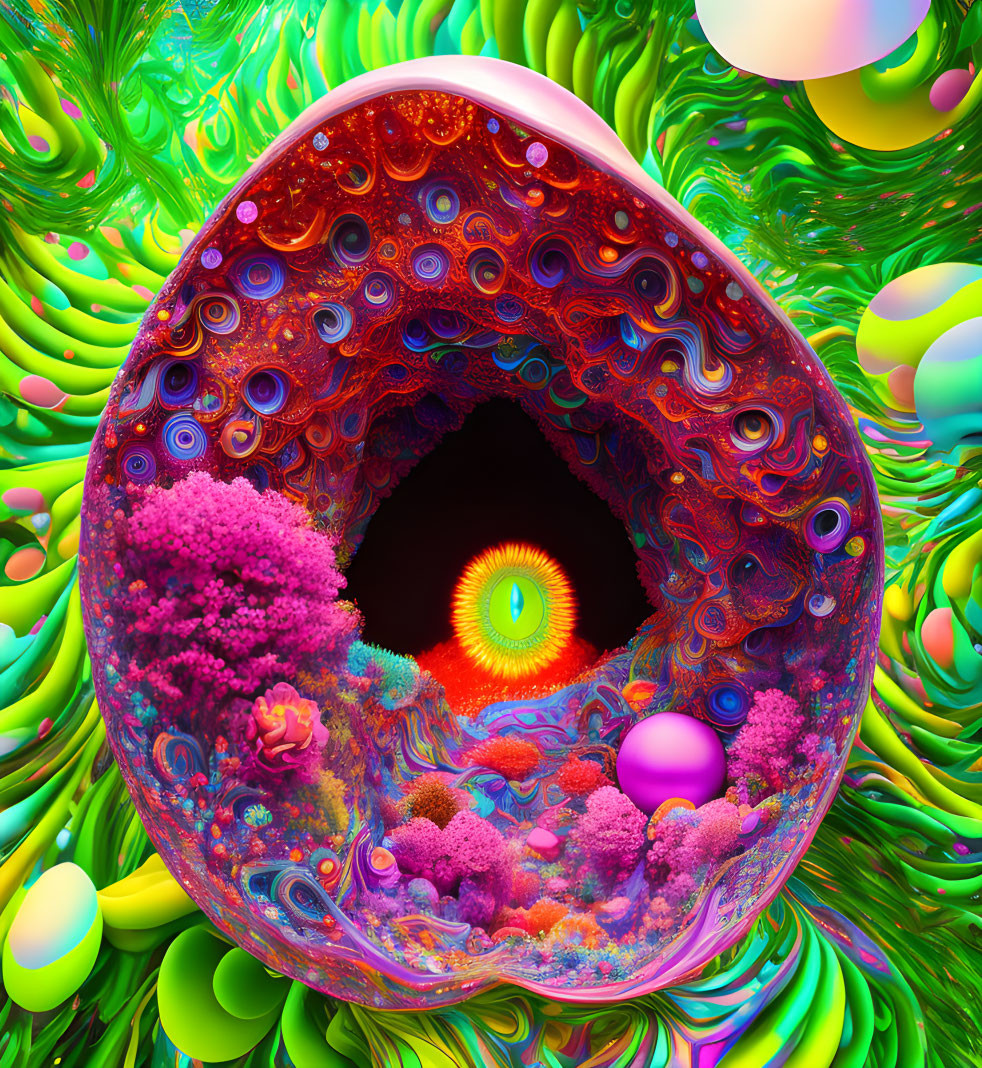 Colorful psychedelic egg with fractal patterns and neon floral shapes