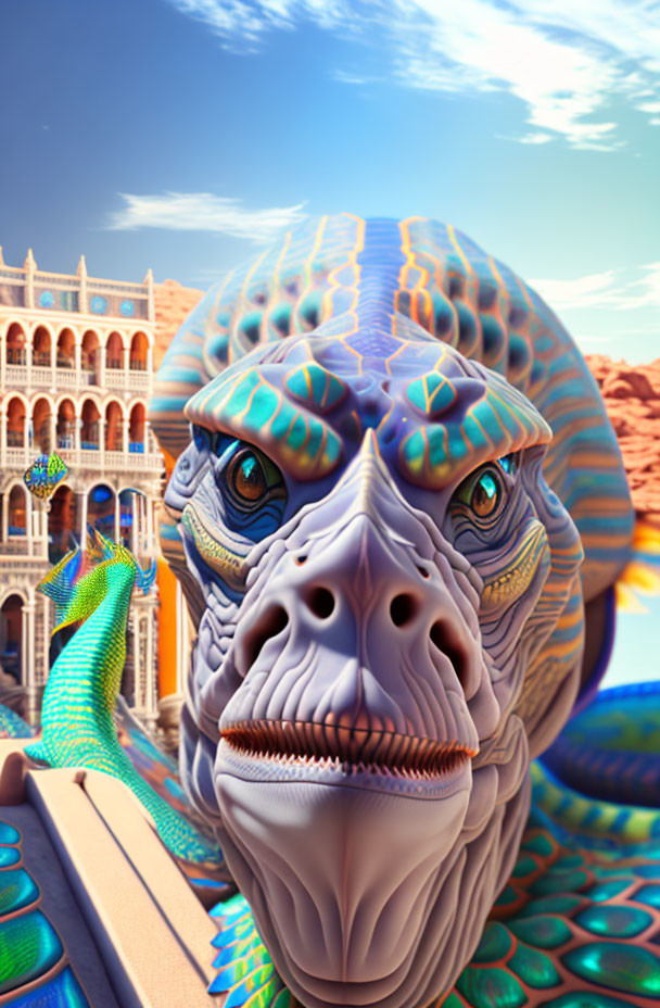 Colorful Patterned Turtle in Surreal Desert Landscape with Venetian-Style Building