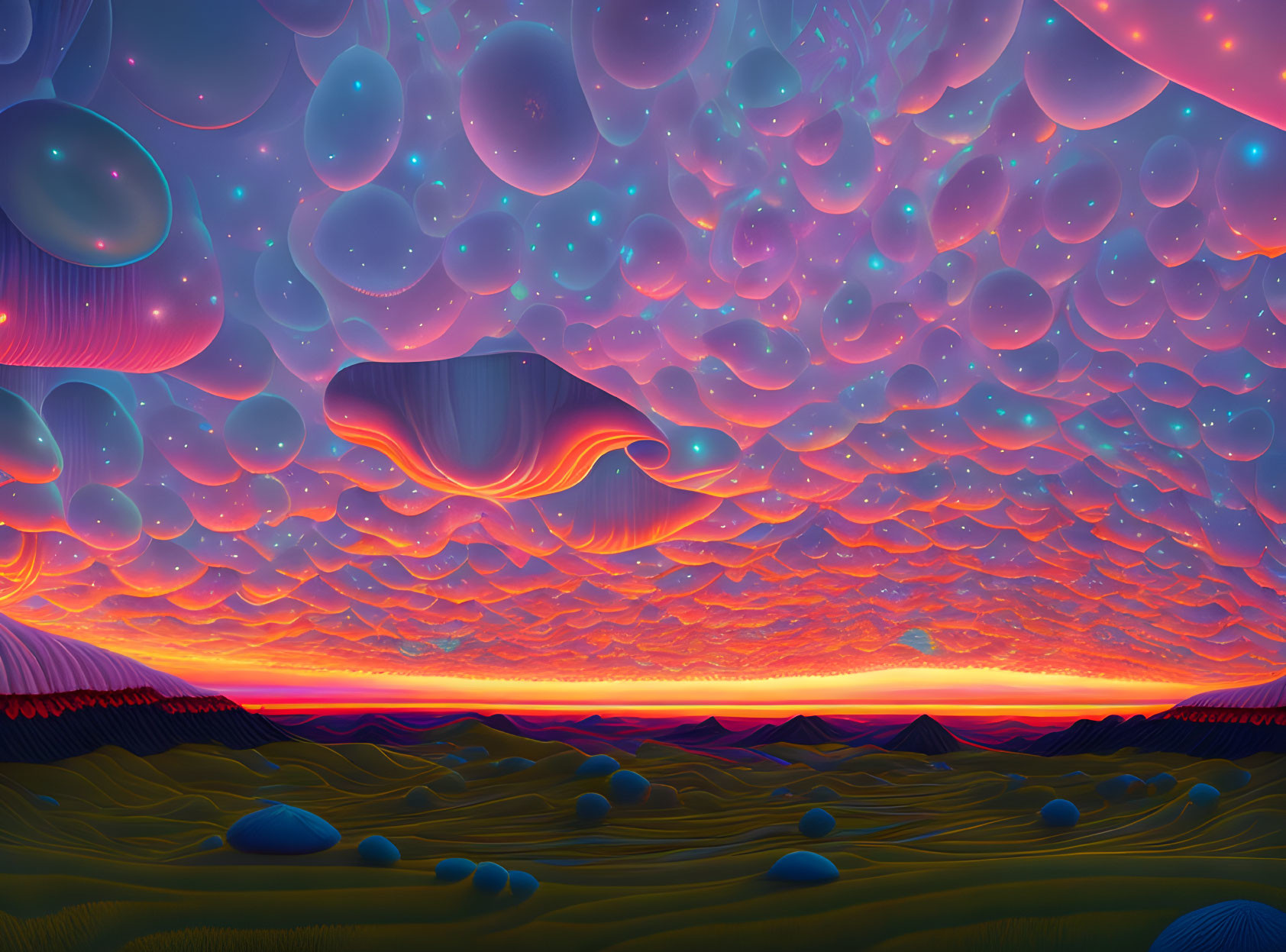 Surreal landscape with colorful waves and floating orbs