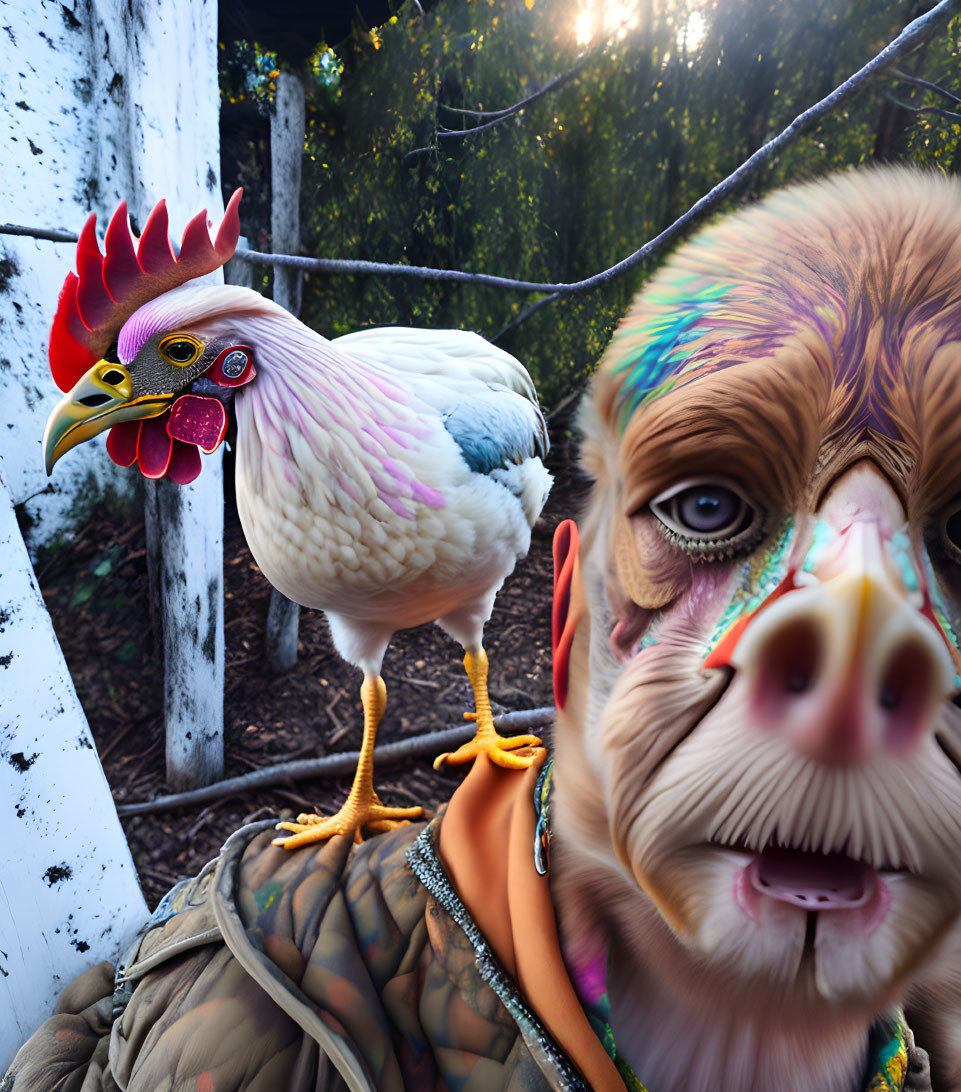 Person with Rooster Head and Bear Face in Surreal Image