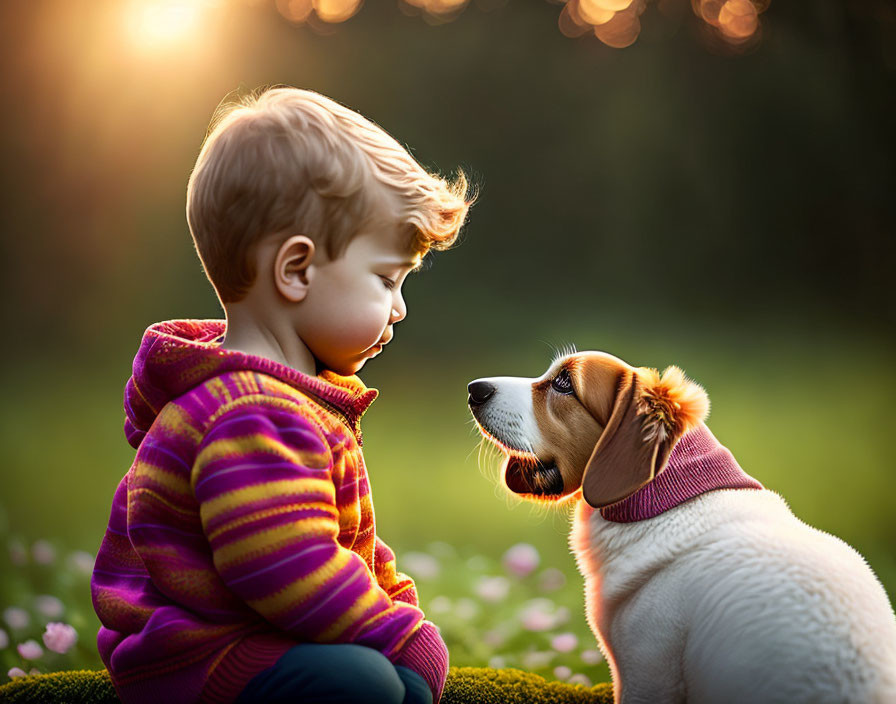 Child in striped hoodie with beagle dog on grass in warm light