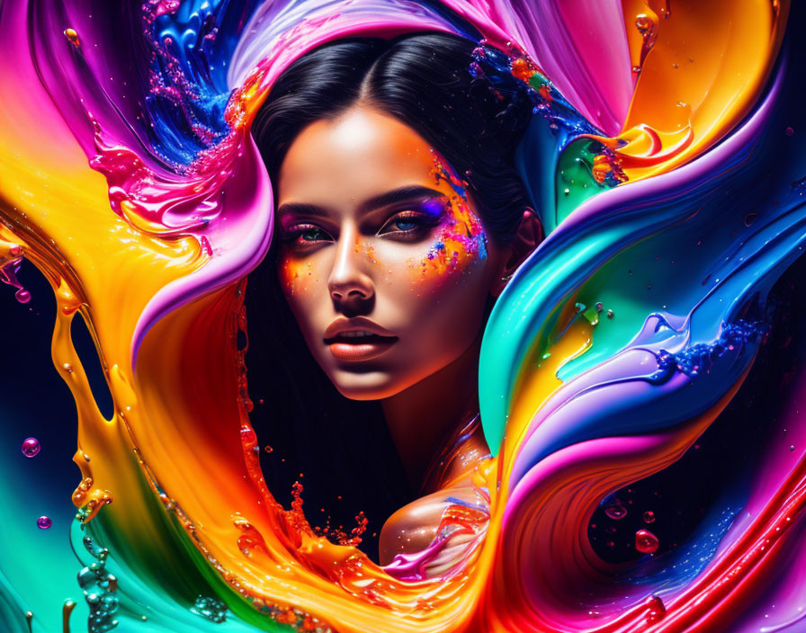 Colorful digital artwork: Woman's face in swirling paint splashes