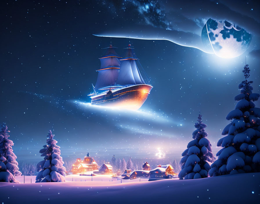 Sailing ship flying over snowy village at night