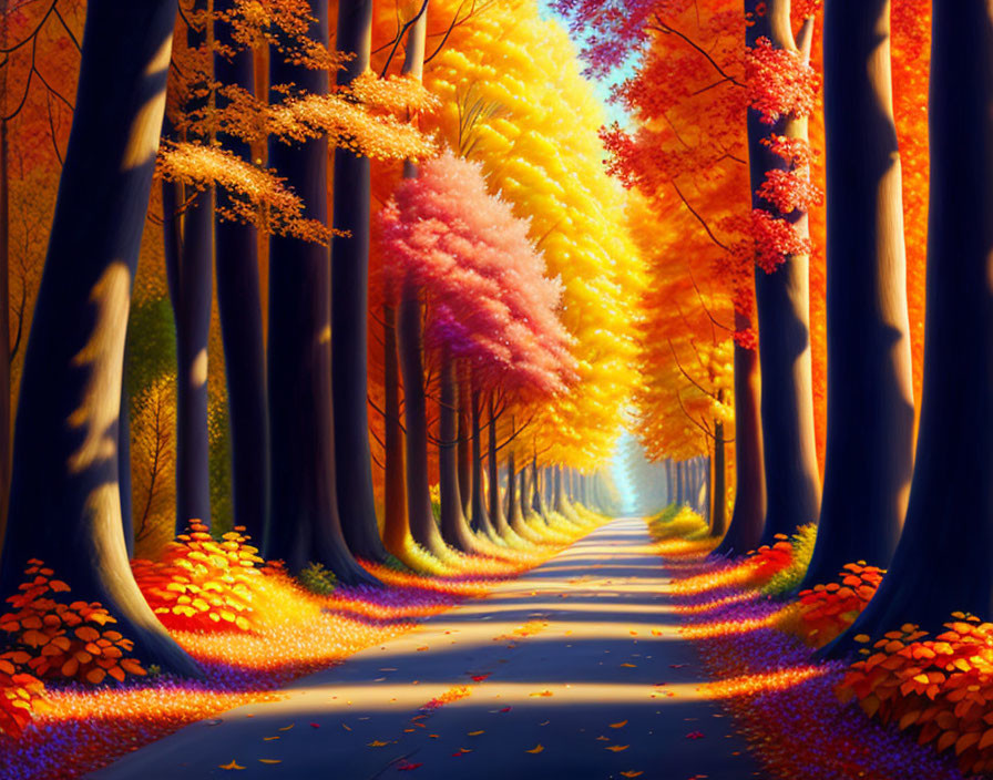 Colorful Autumn Forest Path with Orange, Red, Yellow, and Pink Trees