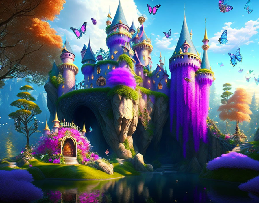 Fantasy castle with purple accents in lush nature scene