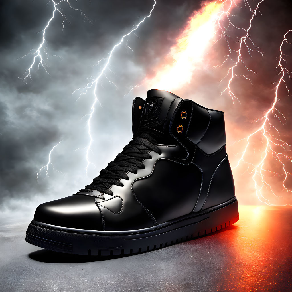 Black High-Top Sneaker with Black Laces on Lightning Bolt Background