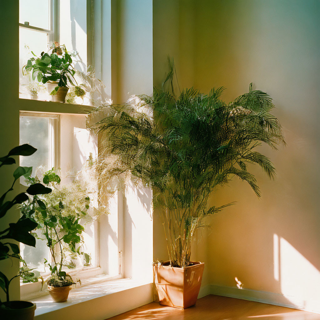 Sunlit indoor plants casting shadows on warm wall in serene setting