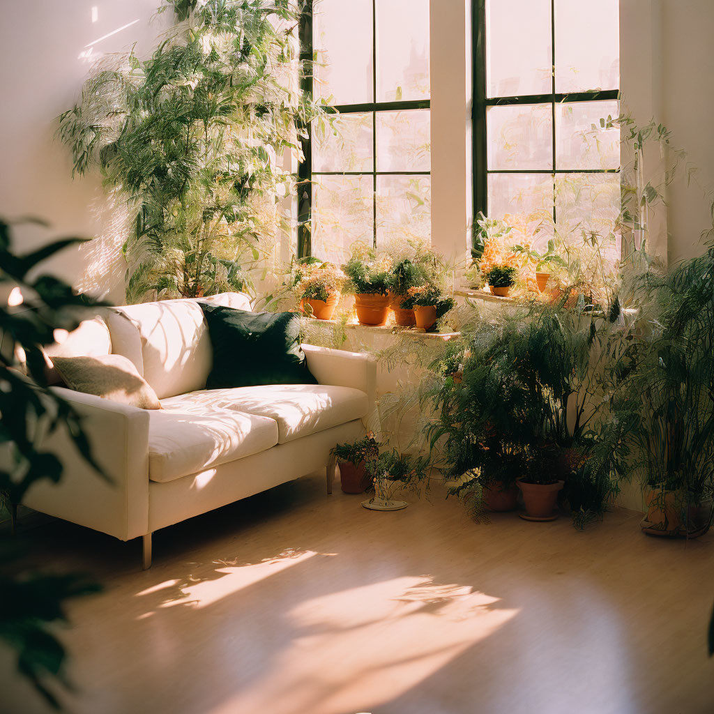 Sunlit room with white couch & potted plants - Indoor oasis