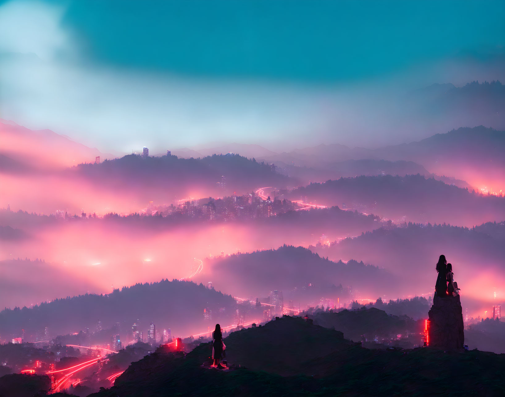 Person overlooking misty neon-lit cityscape with rolling hills and another person on rock formation