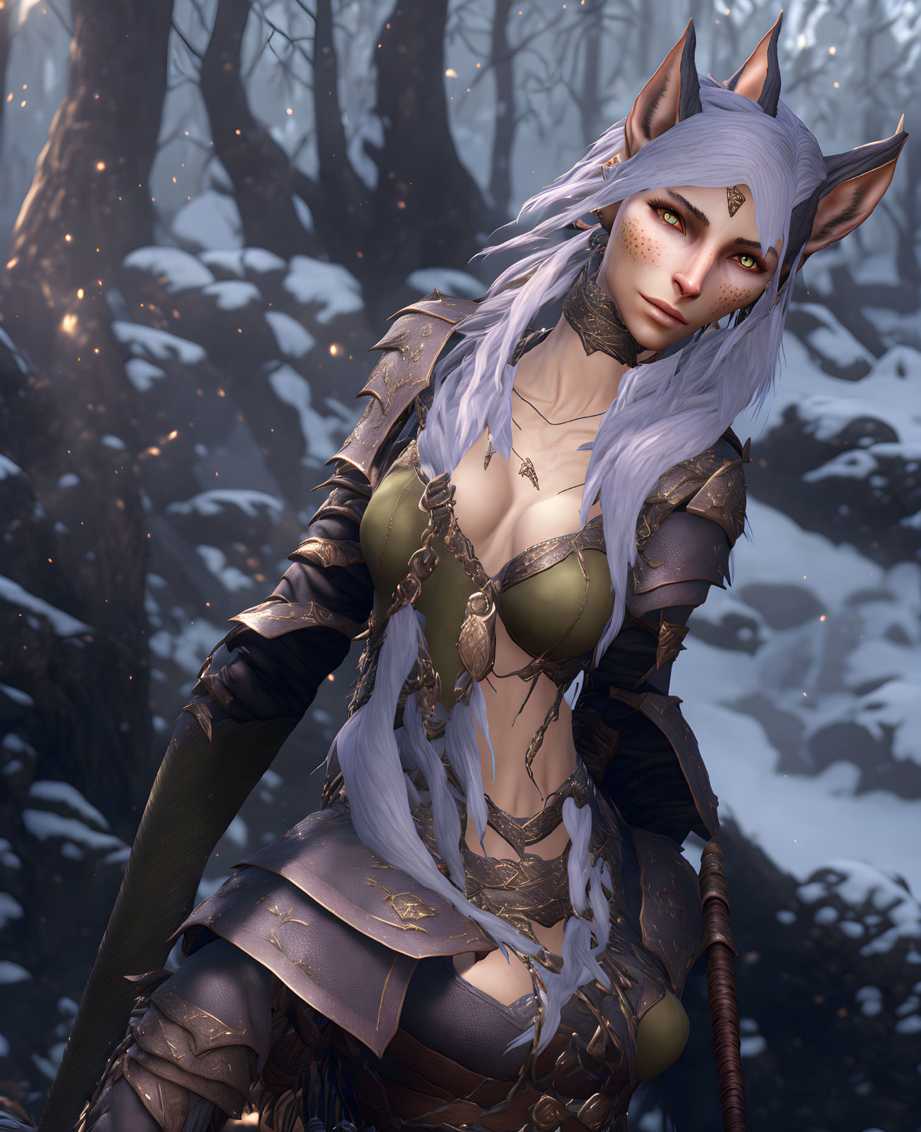 White-haired female elf in green and brown armor in snow-covered forest