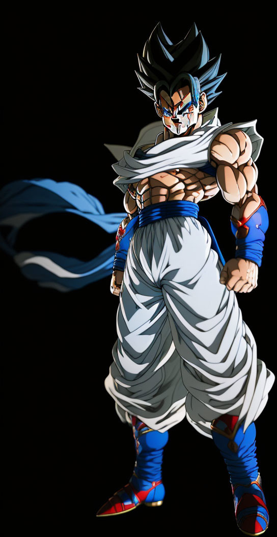 Muscular animated character with spiky black hair in torn blue and white outfit.