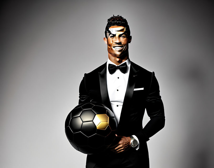 Person in Black Tuxedo Smiling with Soccer Ball and Face Paint