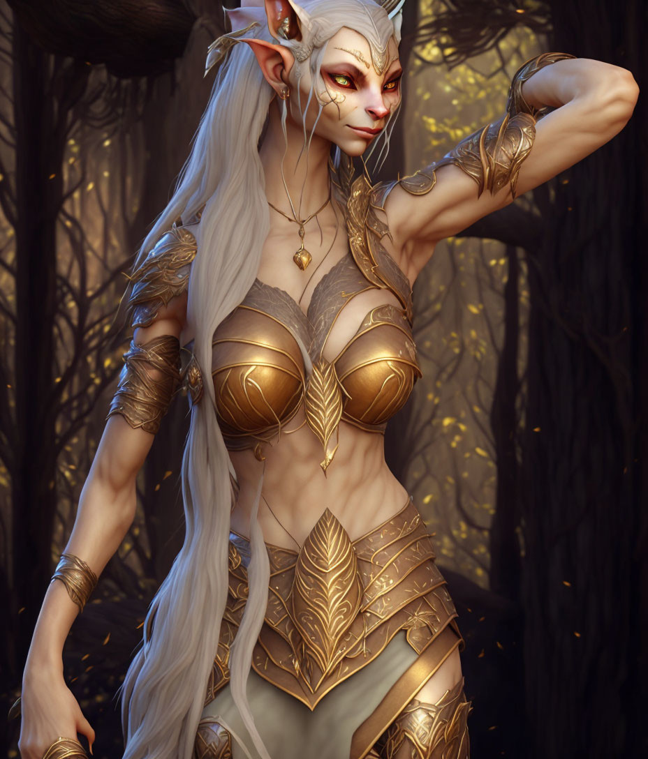 Female elf fantasy illustration: white hair, golden leaf-patterned armor, forest setting