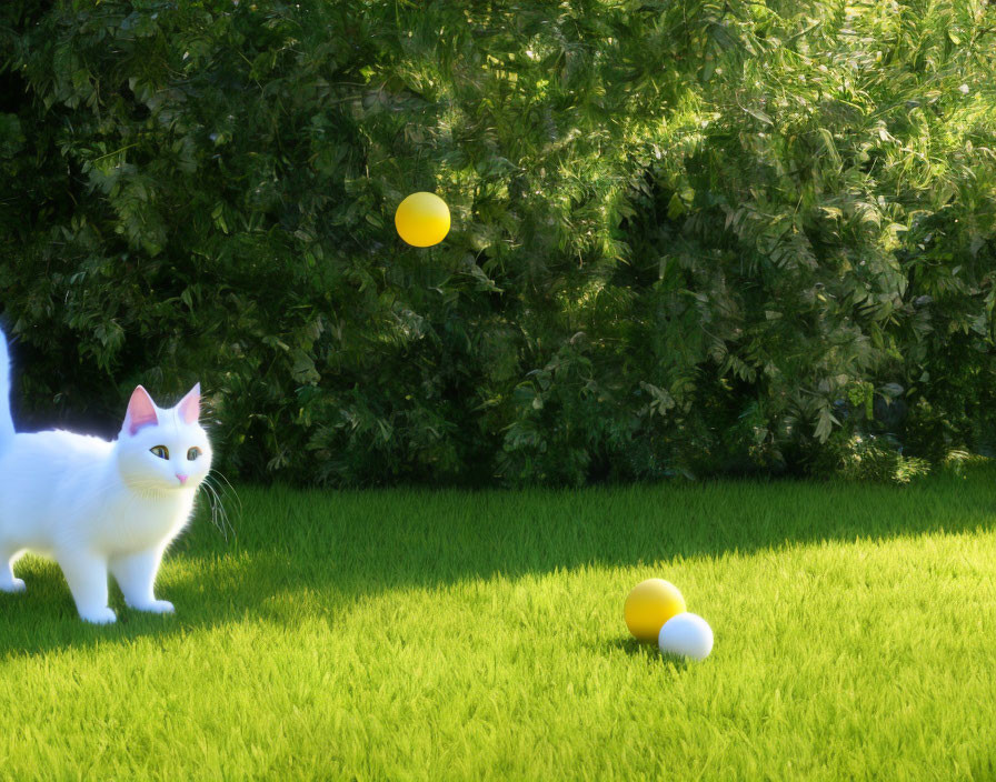 White Cat with Alert Eyes on Green Lawn with Yellow Balls