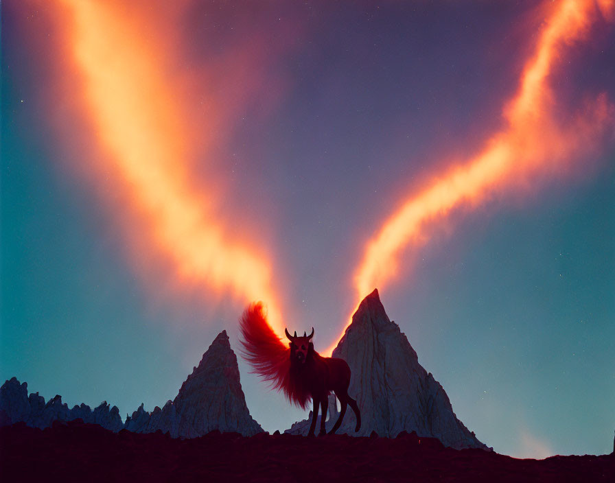 Wolf silhouette howling on ridge with fiery clouds and mountain peaks at dusk