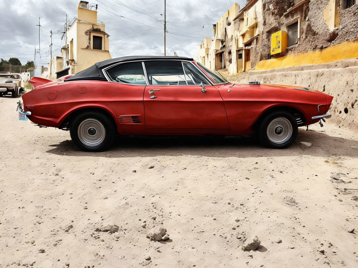 Vintage Red Coupe Parked on Dusty Street with Traditional Buildings