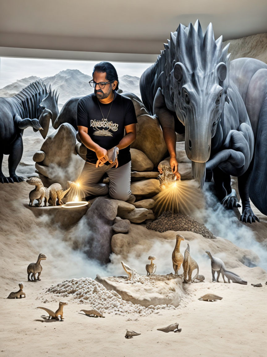 Man in glasses crouches with spark over sand, surrounded by dinosaurs.