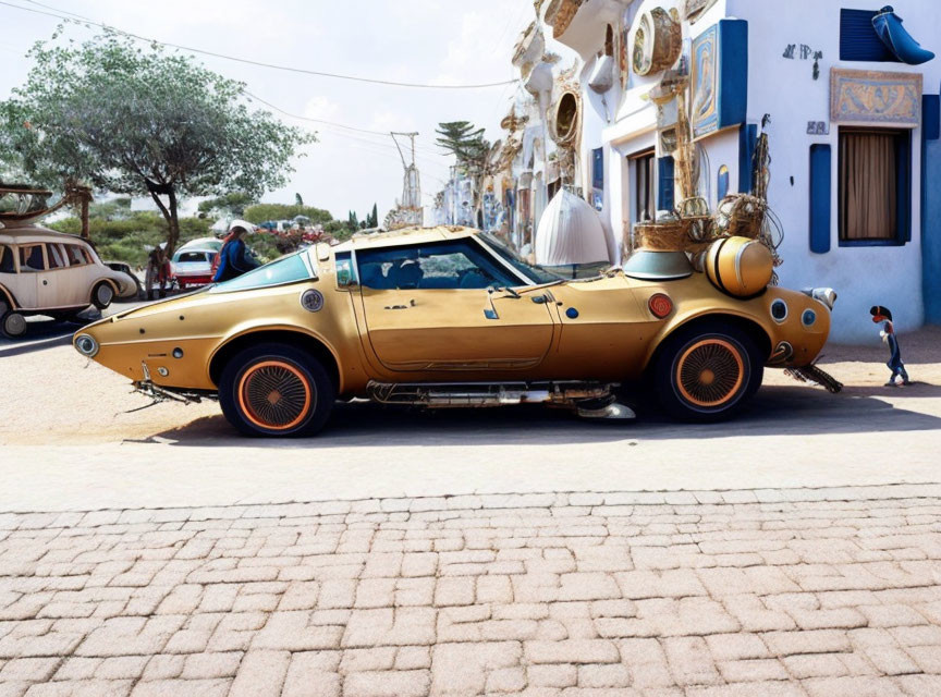 Customized gold car with spherical protrusions parked on sunny street with unique rims and child nearby