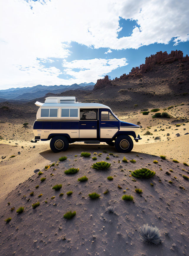 Vintage Camper Van on Desert Trail with Rocky Hills and Cloudy Sky