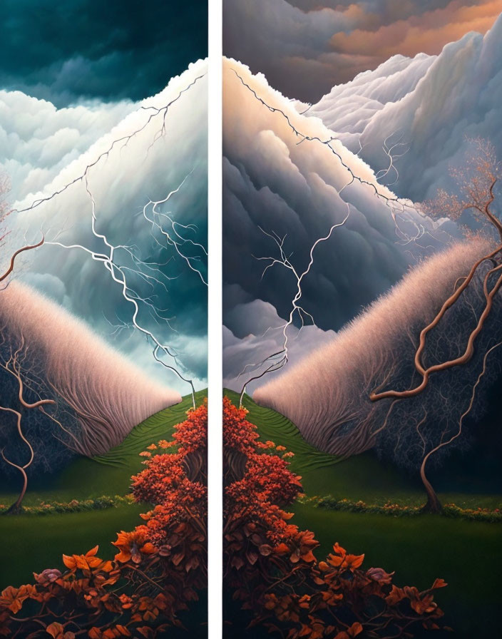 Surreal painting split in two halves: seasons contrast with storm clouds, lightning, trees on central