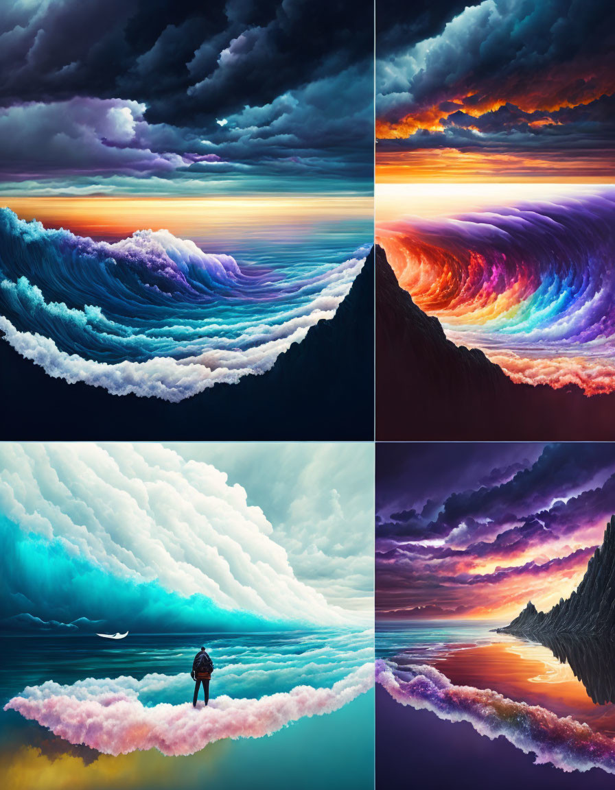 Four surreal landscapes with vibrant waves, clouds, dramatic lighting, and a solitary figure.