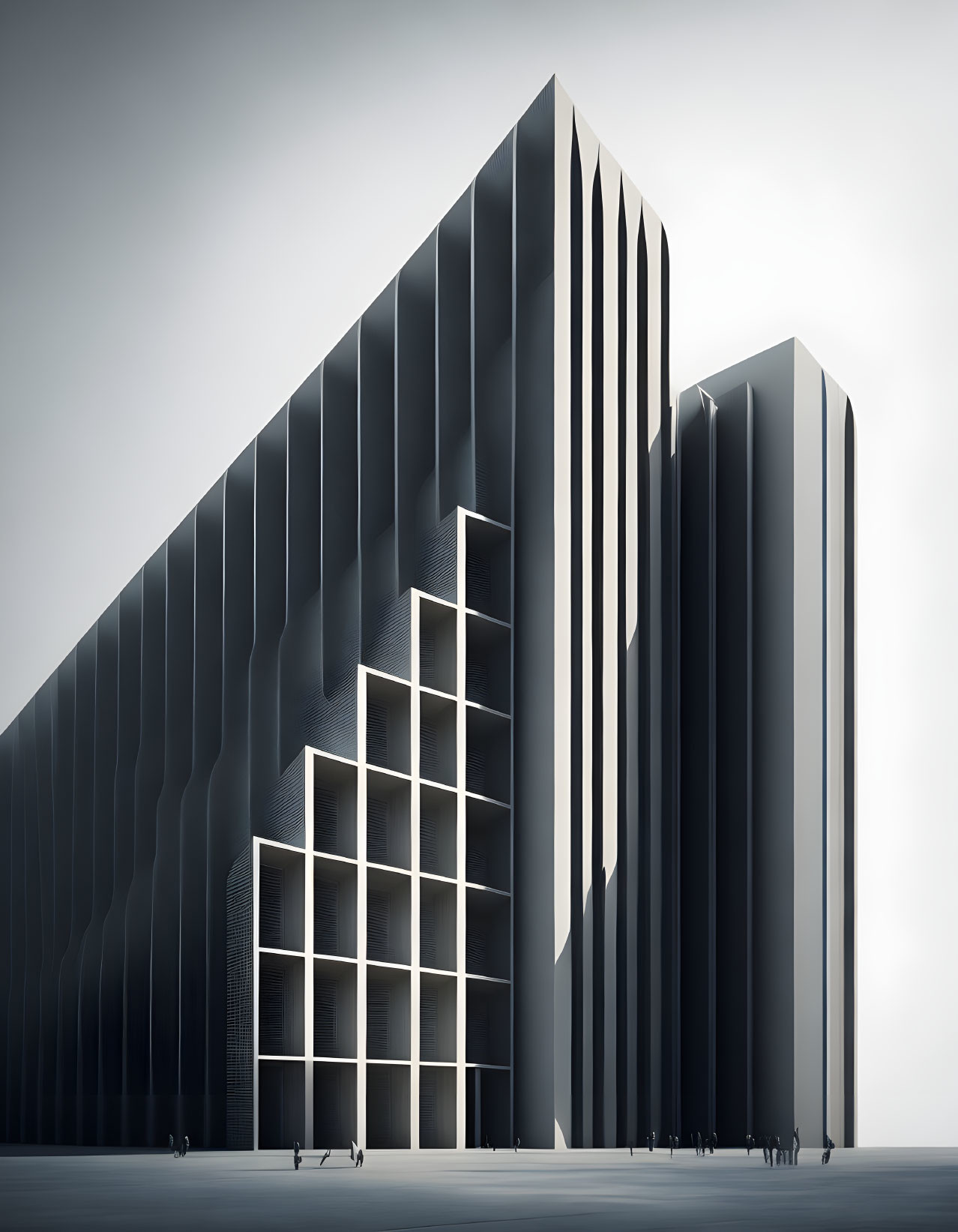 Monochromatic architectural design with vertical fins and stair-step windows