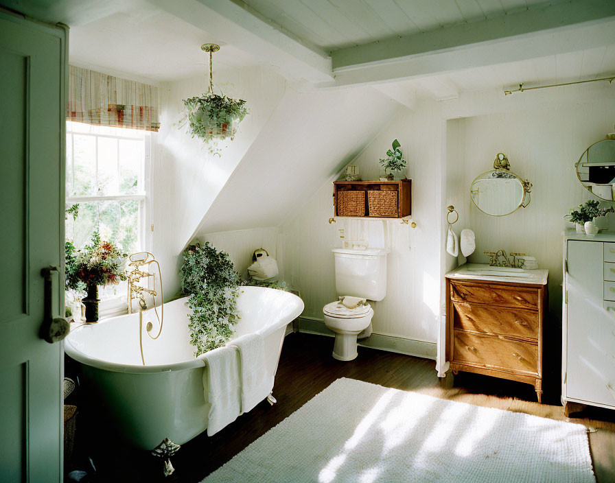 Vintage Bathroom with Freestanding Tub and Wooden Furniture