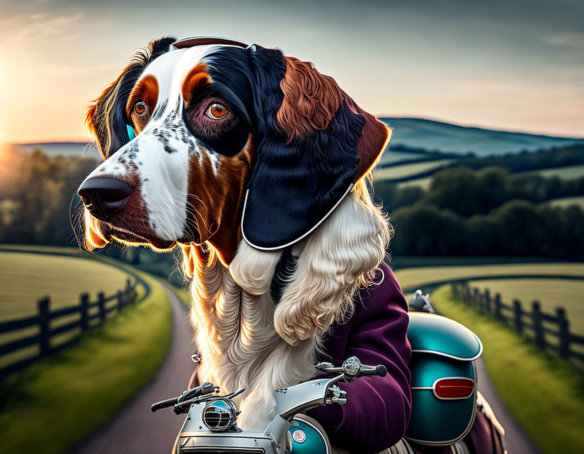 Digitally altered image: Dog with human-like features on vintage scooter in countryside.