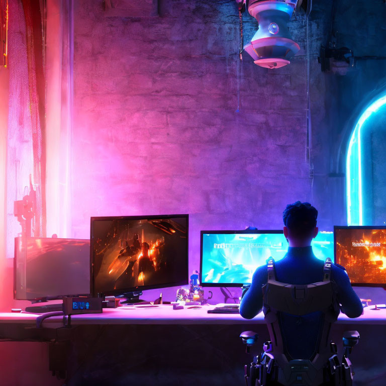 Futuristic gaming setup with multiple monitors, neon lights, and high-tech chair