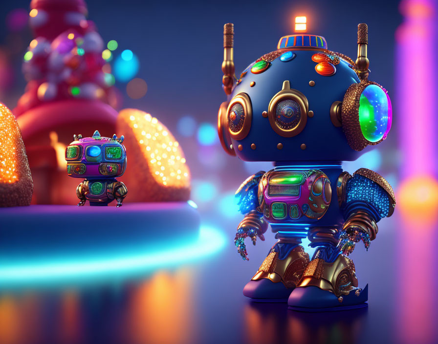 Colorful stylized robots in neon-lit backdrop with intricate designs