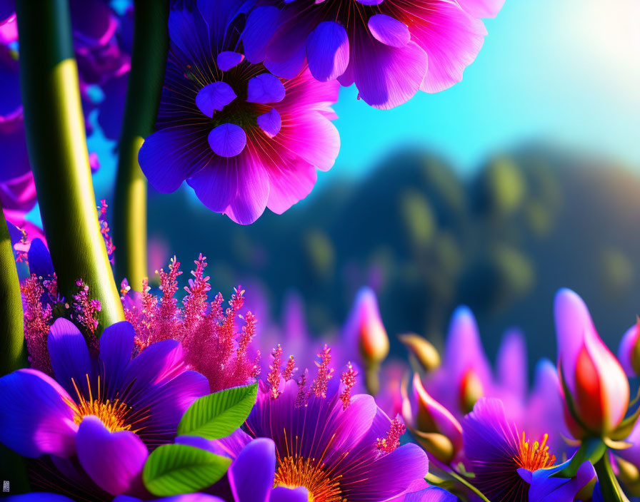 Colorful purple and pink flowers with yellow stamens on a blue and green background.