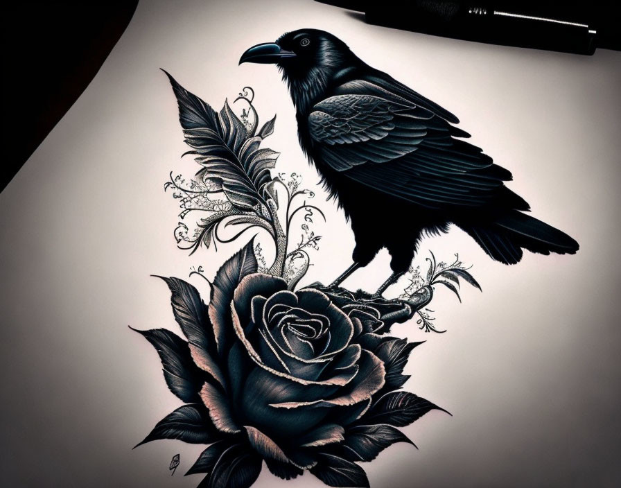 Monochromatic image: Crow on rose with pen