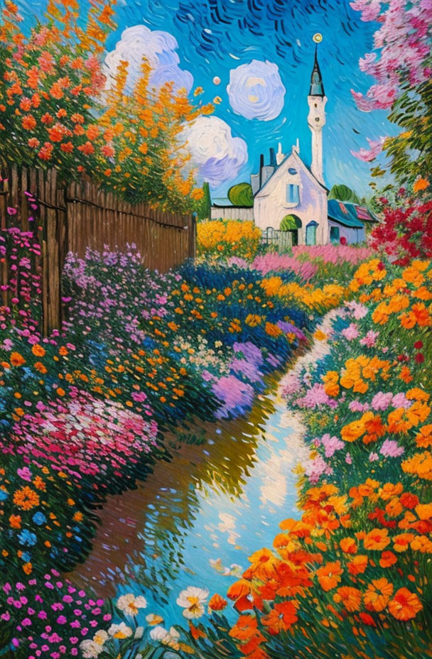 Colorful Church Painting in Flower Garden with Blue Stream Under Impressionistic Sky