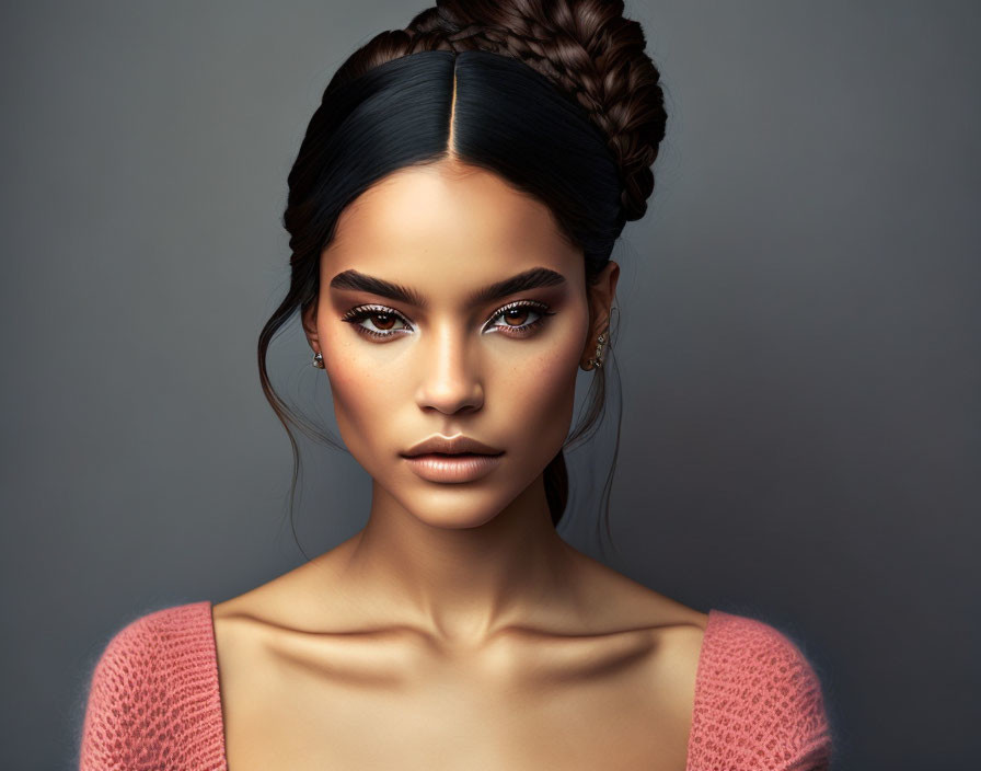 Portrait of Woman with Braided Updo & Striking Eyes in Pink Knitted Top