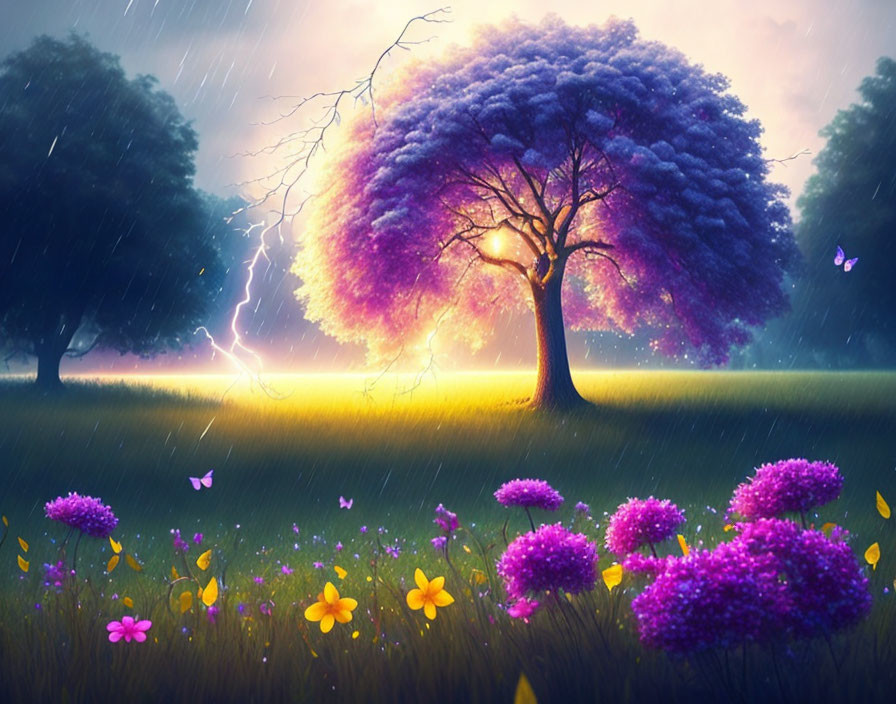 Purple Foliage Tree in Stormy Sky with Lightning and Butterflies