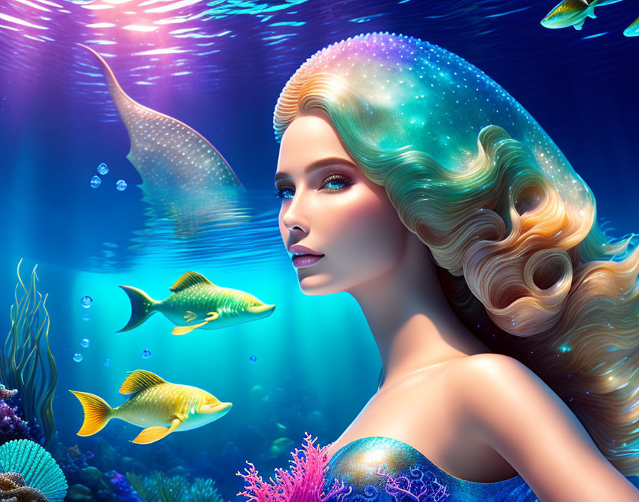 Mermaid with Glowing Hair in Underwater Fantasy Scene