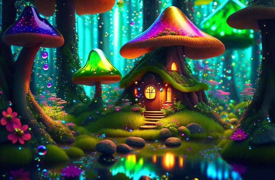 Vibrant enchanted forest scene with oversized mushrooms and glowing flora