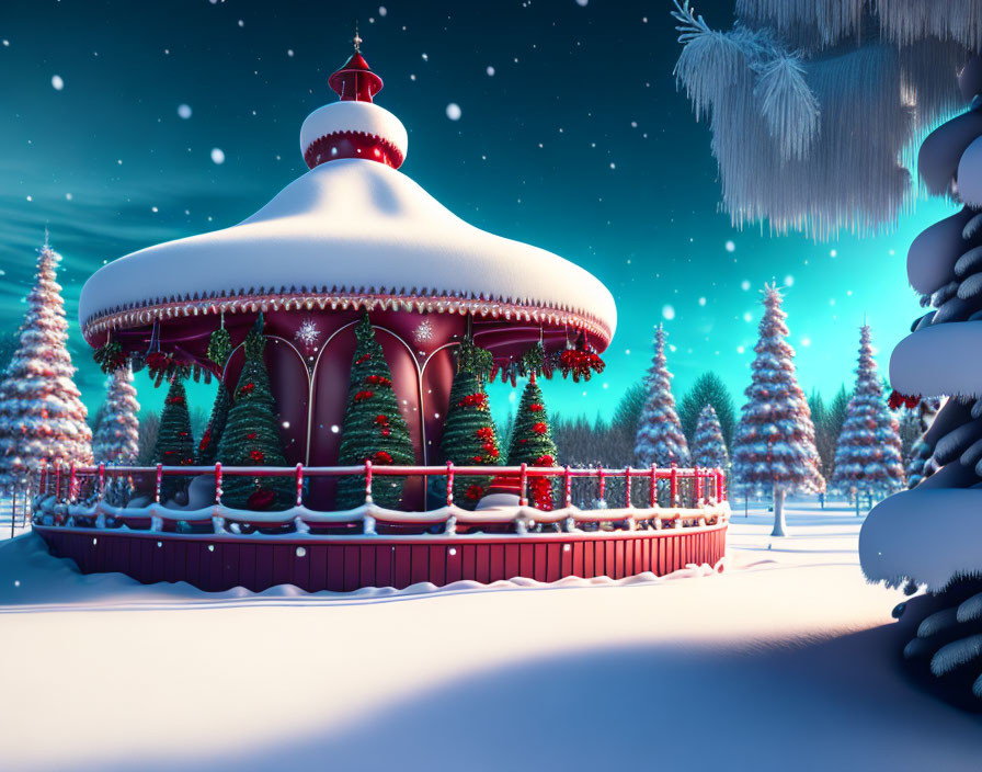 Snow-covered carousel in animated winter scene