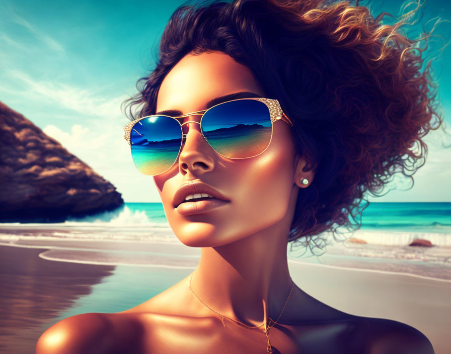 Curly-Haired Woman in Sunglasses Reflects Beach Scene