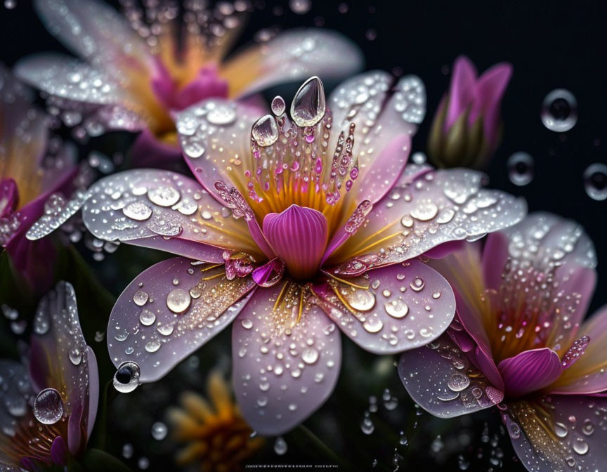 Dew-covered pink flowers with golden centers on dark background