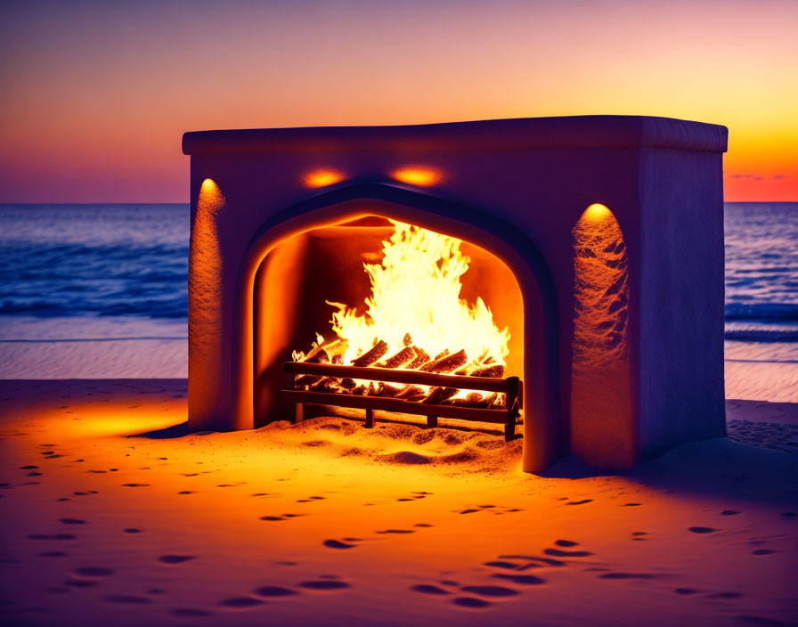 Sandy beach outdoor fireplace with ocean sunset and blazing flames